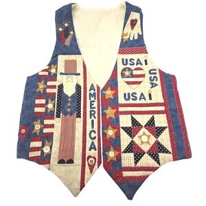 Patriotic Uncle Sam Vest Womens Medium Red White Blue Quilted Applique Made USA